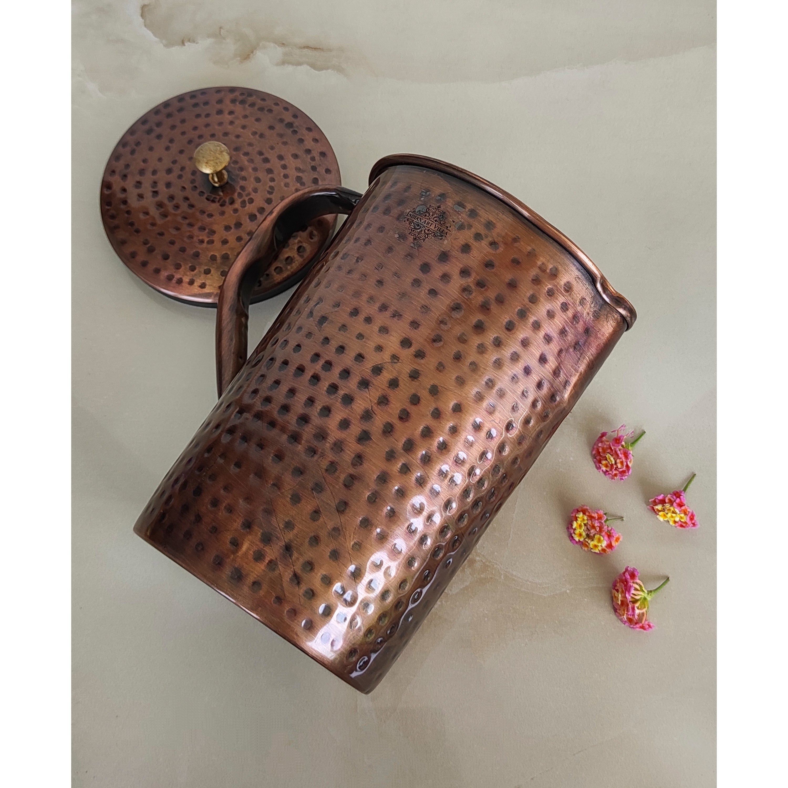 Pure copper hammered antique design jug, pitcher with brass knob on lid dark hammered, 1500 ML